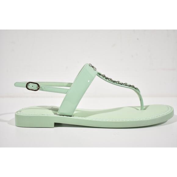 Chanel 22C Green Patent Silver Chain CC Logo Mule Slide Flat Thong Sandal 37 - Picture 2 of 12